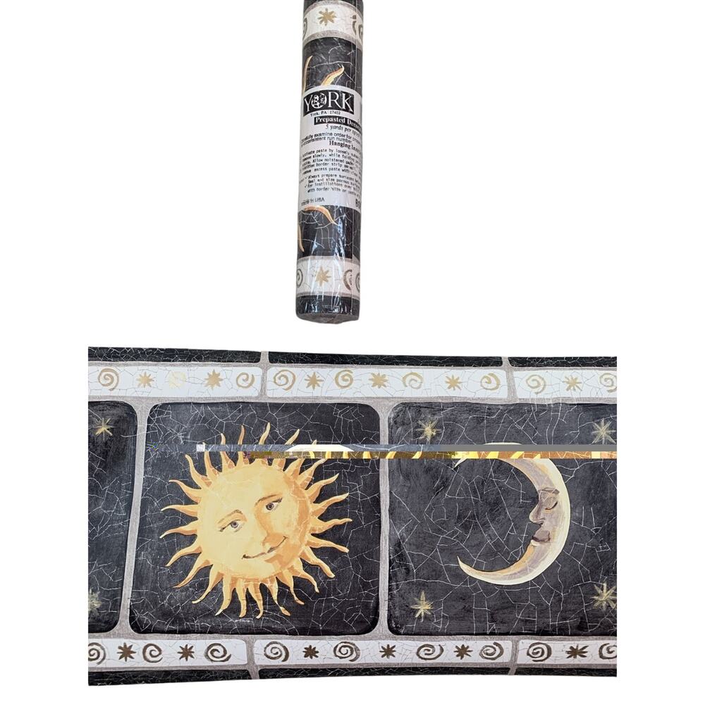 Vintage 90s York Celestial Wallpaper Border Sun Moon Stars Swirl 10 Yards Total